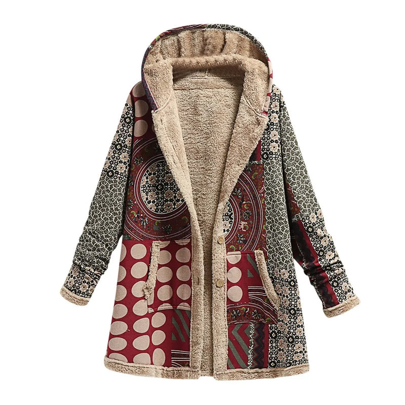 Casaco Feminino de Inverno com Capuz e Bolso - Jaqueta Grossa de Cashmere Retro.