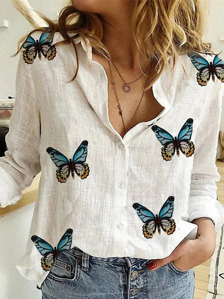 Camisa Feminina de Linho e Algodão com Botão - Blusa Casual de Lapela/MDMulher.