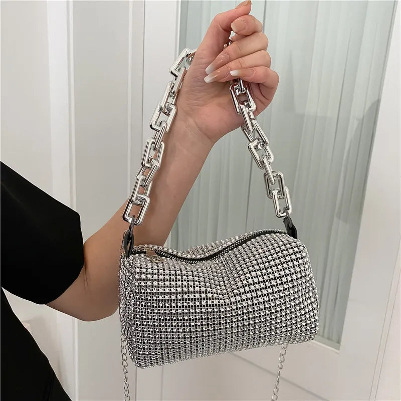 Bolsa Feminina de Festa com Strass - Mini Bolsa Crossbody com Corrente Brilhante