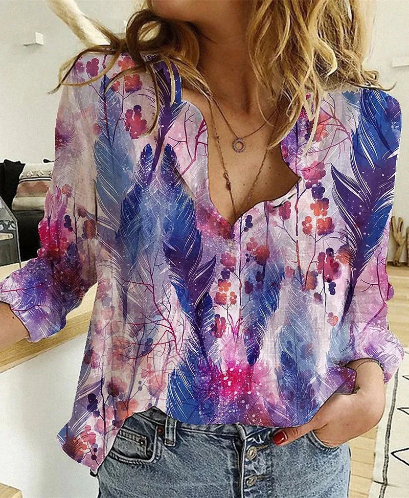 Blusa Feminina Elegante com Estampa Casual - Camisa Solta Manga Longa.