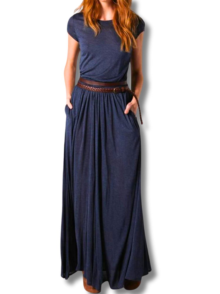 Vestido Maxi Feminino com Gola e Bolsos